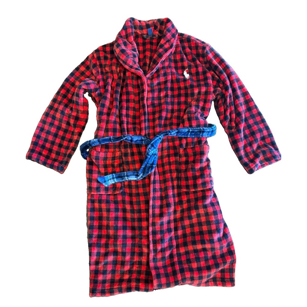 Polo Ralph Lauren Mens S/M Buffalo Plaid Fleece Robe Red Black Pony Belted